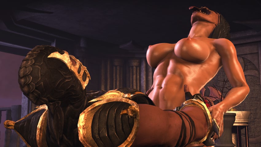 1boy 1girls 3d 3d_(artwork) abs athletic athletic_female big_breasts breasts cowgirl_position dark_hair female mileena mortal_kombat muscular muscular_female nude_female_clothed_male scorpion_(mortal_kombat) sex smokescreen117 source_filmmaker straight tongue tongue_out unseen_male_face vaginal_penetration