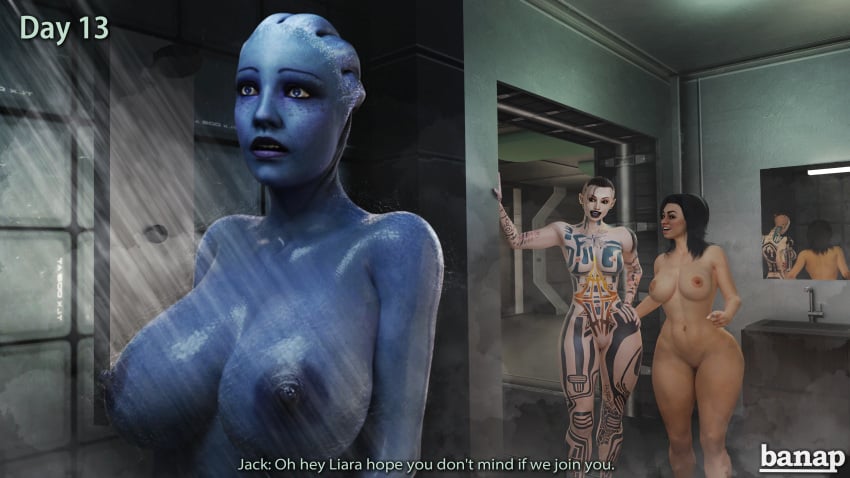 3d 3d_(artwork) 3girls banap blender blue_skin comic comic_page dialogue happy jack_(mass_effect) liara_t'soni mass_effect miranda_lawson naked no_nut_november pointing sci-fi science_fiction scifi shocked shocked_expression shower showering smile smiling subject_zero tattoo tattoos text