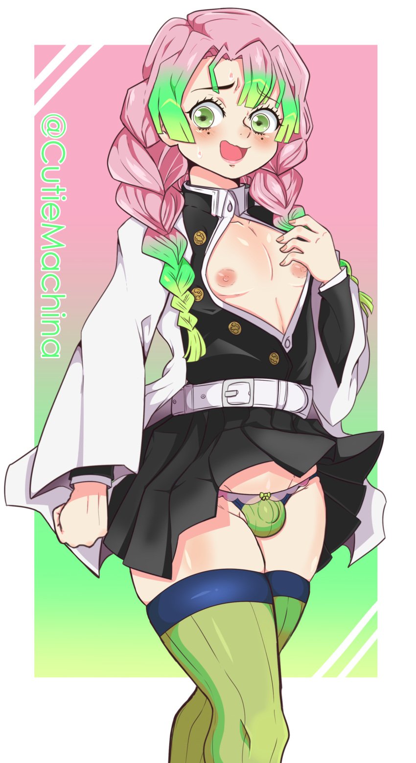 blush braided_hair bulge crossdressing cutiemachina demon_slayer femboy feminine_male genderswap_(ftm) gradient_hair green_eyes haori kanroji_mitsuri kimetsu_no_yaiba long_hair male male_only mole_under_eye open_shirt panties pink_hair pleated_skirt rule_63 rule_63 small_penis solo sweatdrop thick_thighs thighhighs trap two_tone_hair uniform upskirt zettai_ryouiki