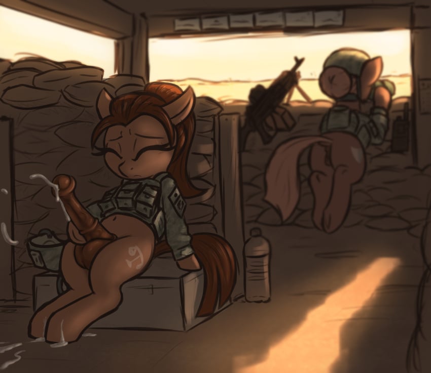 1futa 1girls anthro balls binoculars body_armor closed_eyes cum cumming cumshot dark-skinned_futanari desert dickgirl dock ejaculation erection female friendship_is_magic futa_with_female futanari horsecock horsecock_futanari intersex machine_gun military_uniform my_little_pony oc oc_only penis pussy radio t72b unprofessional_behavior water_bottle