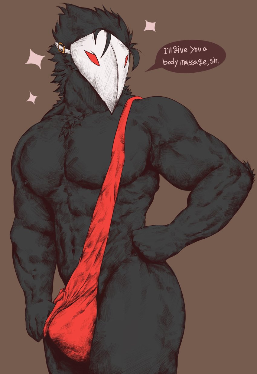 abs absurd_res avian biceps black_body bulge chest_tuft clothed clothing clothing_pull darkner deltarune ggan_ggandi hi_res male male_only mask muscular muscular_male nipples partially_clothed pecs red_eyes simple_background solo solo_male sparkles swatchling_(deltarune) tuft video_games