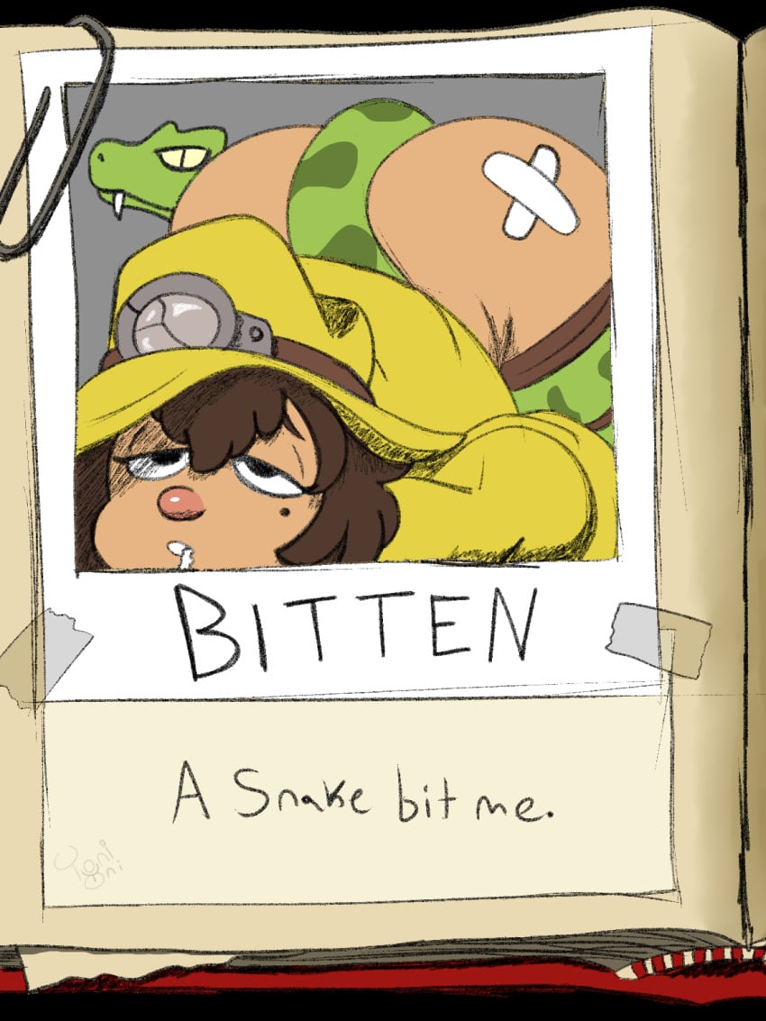 1girls ana_spelunky ass_up bandage beauty_mark bottomless brown_hair death defeated defeated_heroine hat snake spelunky_2 text toni_oni