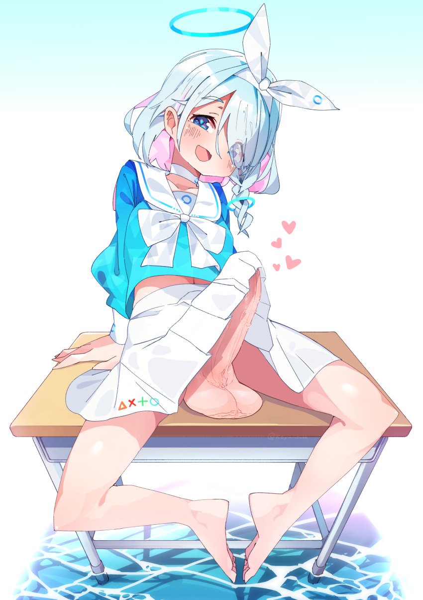 1futa absurdres arona_(blue_archive) balls ballsack big_penis blue_archive blue_eyes blue_hair blue_shirt blush braid clothed clothing dangling_testicles desk erection erection_under_clothes erection_under_skirt feet futa_only futanari hair_ornament hair_ribbon halo heart highres human in_water koyansuee light-skinned_futanari light_skin looking_at_viewer low_hanging_balls mostly_clothed multicolored_hair nimji pale_skin penis ribbon sailor_collar school_desk school_uniform scrotum serafuku shirt sitting skirt skirt_lift solo tenting testicles third-party_edit uncensored veins veiny_penis water white_skirt