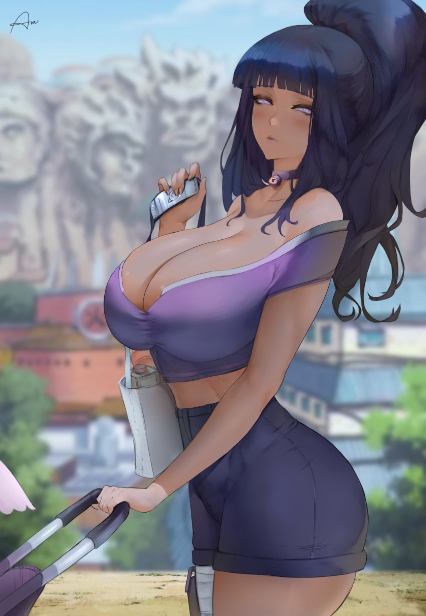 1girls 2021 alternate_breast_size alternate_hairstyle araneesama artist_signature bag big_breasts black_hair blush booty_shorts boruto:_naruto_next_generations breasts choker cleavage clothed clothed_female cutesexyrobutts_(style) female female_focus female_only headband hi_res holding_object huge_breasts hyuuga_hinata large_breasts lavender_eyes long_hair long_ponytail looking_at_viewer mature_female midriff milf mother naruto naruto_(series) outdoors ponytail purple_topwear short_shorts shorts solo solo_female stroller thick_thighs thighs