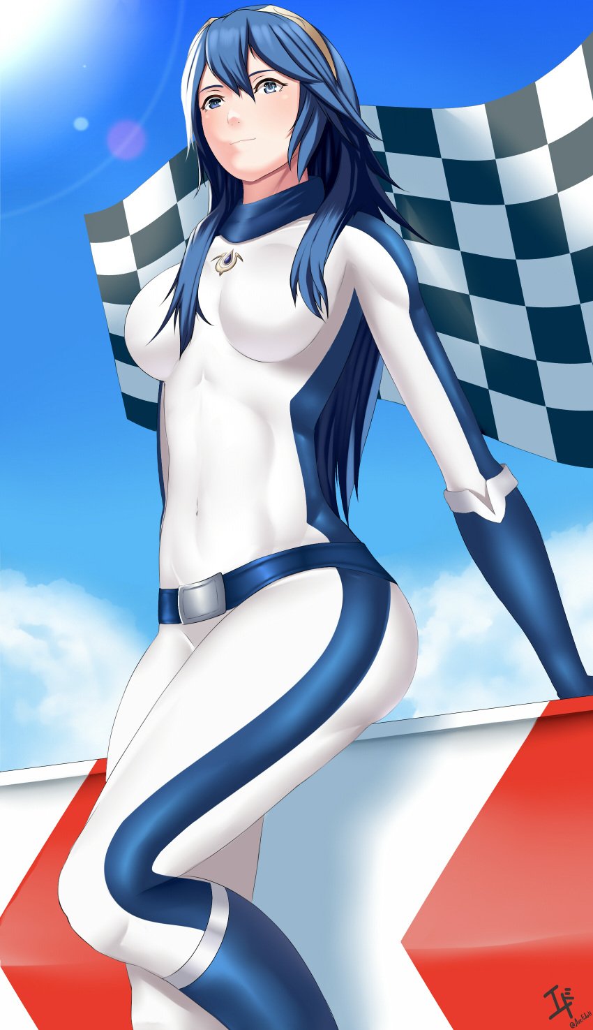 1girls alternate_costume arcedo blue_eyes blue_hair bodysuit breasts checkered checkered_flag day fire_emblem fire_emblem_awakening flag long_hair lucina_(fire_emblem) medium_breasts nintendo race_queen smile solo symbol-shaped_pupils tiara