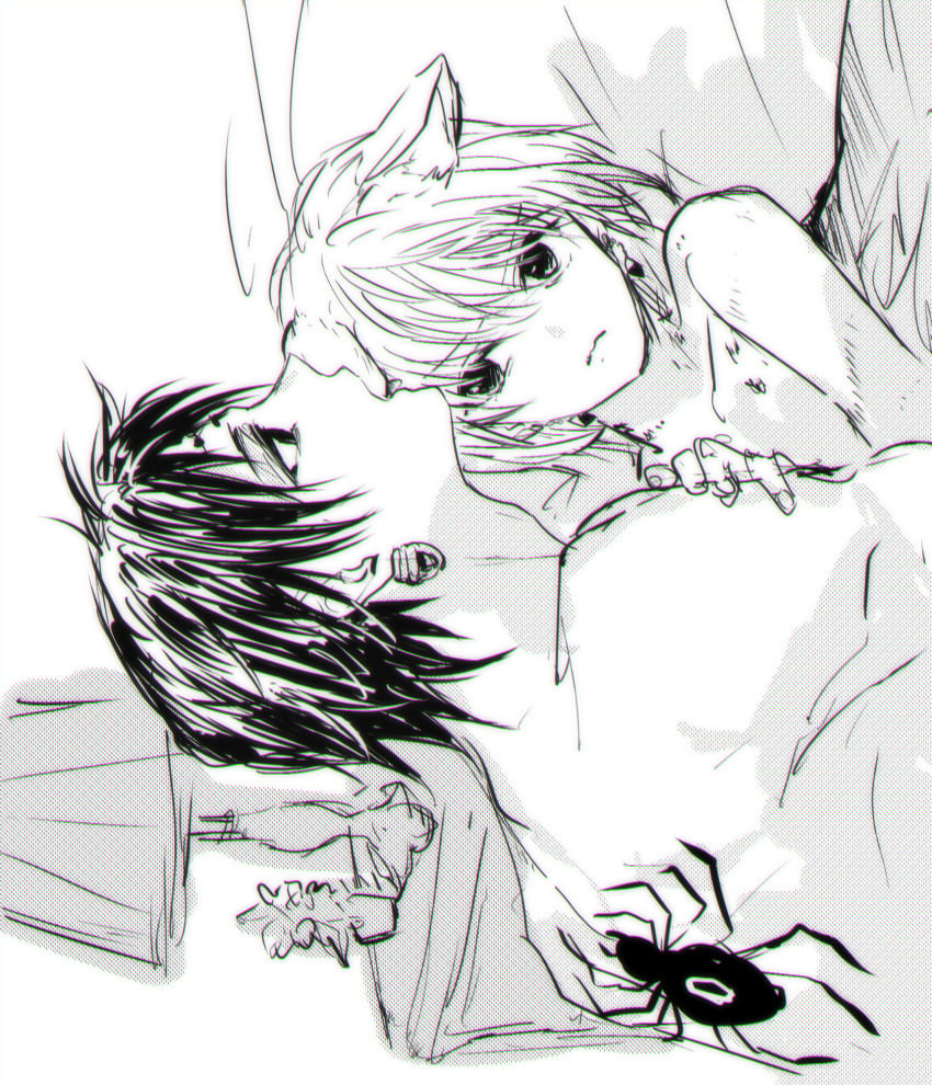 2boys back_tattoo cat_ears chrollo_lucilfer ear_licking femboy gay hickey_marks hunter_x_hunter kurapika male_focus male_on_femboy male_only missionary_position