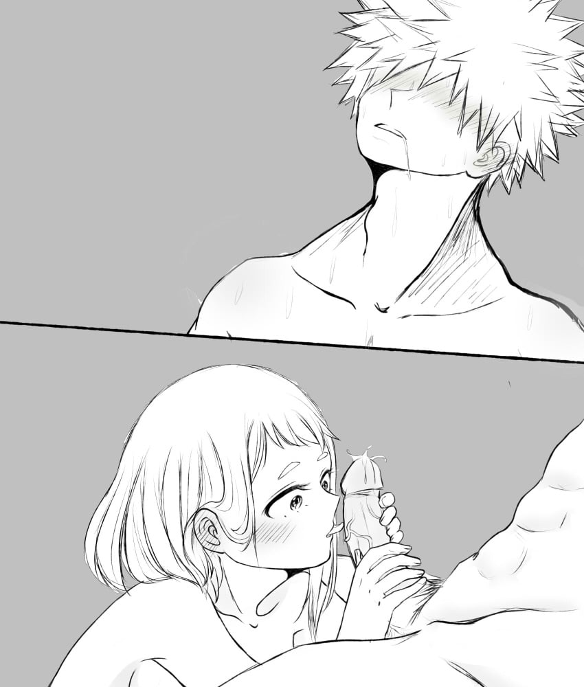 1boy 1boy1girl 1girls abs blowjob cum_leaking drooling fellatio female grchloex katsuki_bakugou licking_penis male muscles muscular muscular_male my_hero_academia ochako_uraraka spiky_hair straight