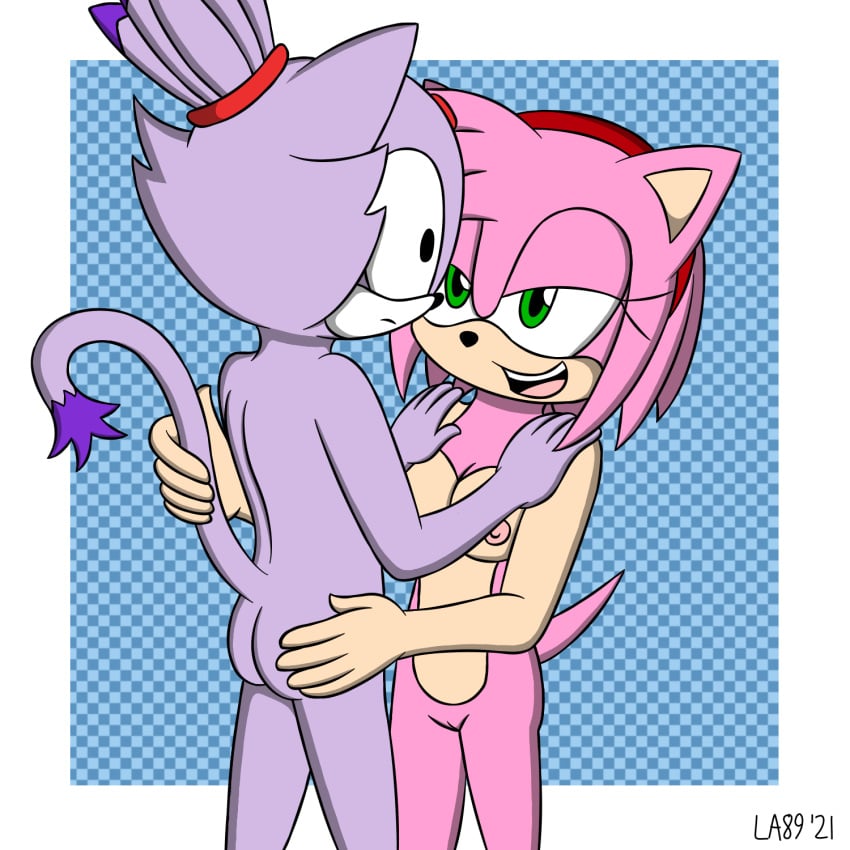 1:1 2021 4_fingers 5_fingers amy_rose anthro areola ass bedroom_eyes biped black_nose blaze_the_cat breasts digital_media_(artwork) domestic_cat duo eulipotyphlan felid feline felis female female/female fingers fur genitals green_eyes hedgehog hi_res la89 mammal naked narrowed_eyes nipples nude open_mouth pink_body pink_fur pink_nipples purple_body purple_fur pussy seductive sega signature smile sonic_(series) sonic_the_hedgehog_(series) tail_petting teeth tongue yuri