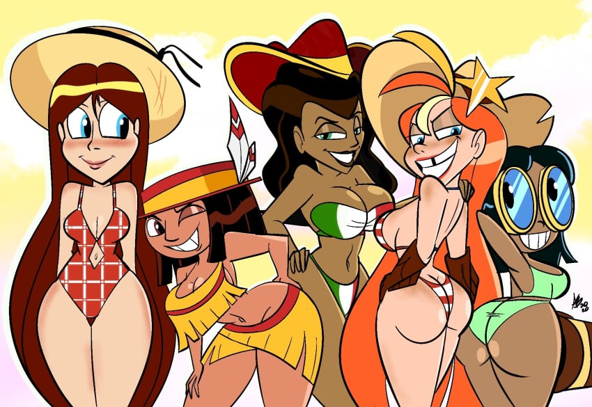 ass_cleavage atomickingboo background_sky bethany_hummingbird bikini butt_crack cowgirl feathers glasses gold_(metal) hat jody_bloom loni_tamale mexican_female mexican_flag_bikini native_american_female penny_steampipe rudy_roundup swimsuit