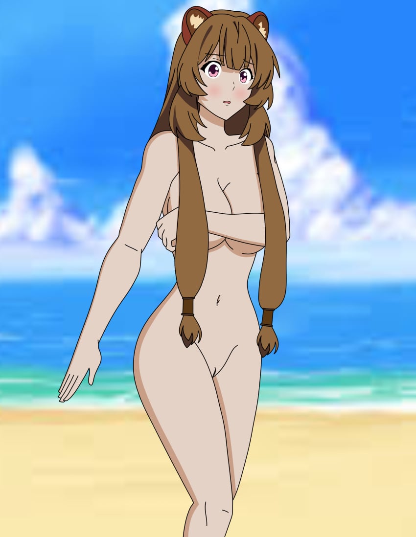 animal_ears bardock510 beach big_breasts breasts brown_hair curvy female female_only long_hair naked nipples nude nude_female nude_filter pink_eyes pussy raccoon_ears raphtalia shaved_pussy solo solo_female sun tate_no_yuusha_no_nariagari thigh_gap