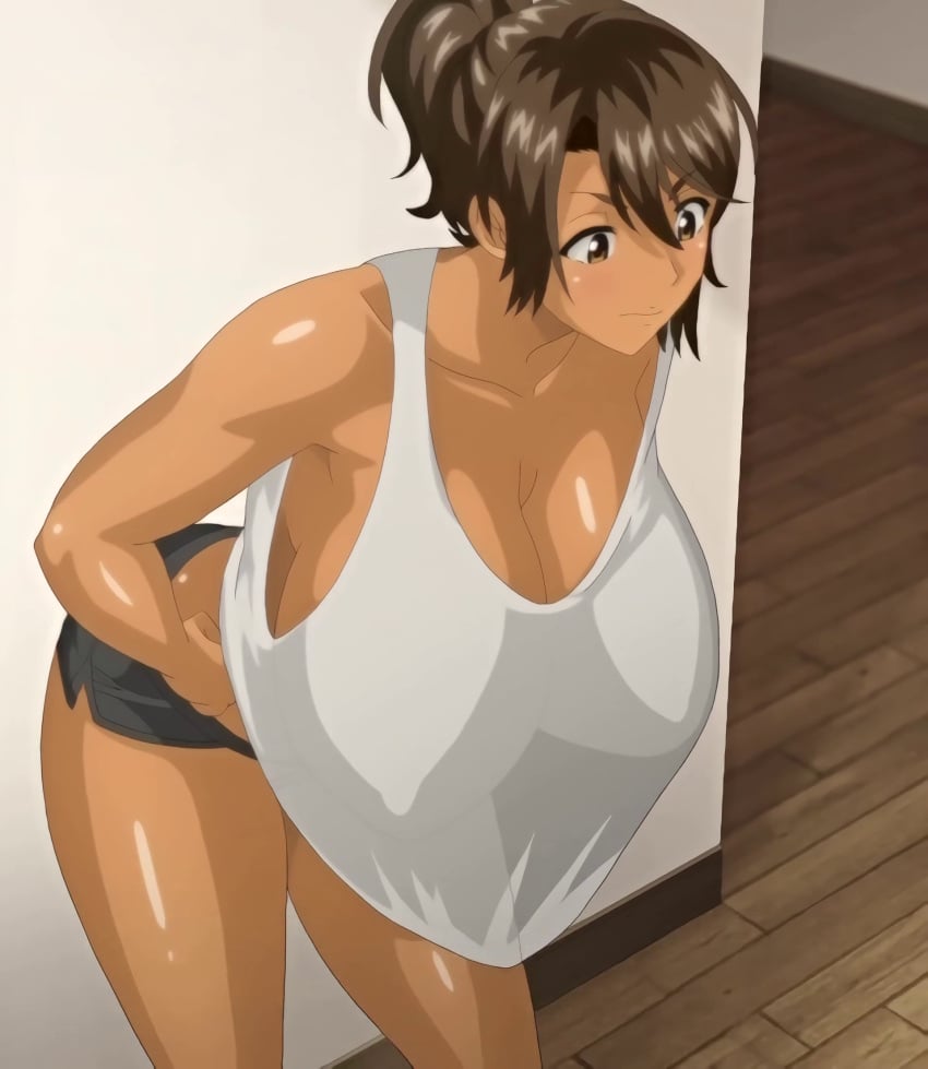 1girls anime_screencap armpit bare_shoulders big_breasts black_short_shorts black_shorts breasts breasts_visible_through_clothing brown_eyebrows brown_eyes brown_hair bursting_breasts busty cleavage collarbone curvaceous curvy_body curvy_female curvy_figure curvy_hips dark-skinned_female dark_skin enormous_breasts female female_focus female_only hajimete_no_hitozuma hands_on_hips hanging_breasts hi_res high_resolution highres hourglass_figure house housewife huge_breasts indoors kanae_(hajimete_no_hitozuma) leaning_forward loose_clothes loose_shirt makeup married married_woman mary_jane_(company) massive_breasts matching_hair/eyes matching_hair_and_eye_color matching_hair_and_eyes milf mother no_bra ova screencap screenshot shiny shiny_body shiny_breasts shiny_legs shiny_skin shirt short_hair short_shorts shorts solo solo_female stitched tank_top through_clothes through_shirt top_heavy voluptuous wall wall_(structure) white_shirt white_tank_top wife wood wood_floor wooden_floor