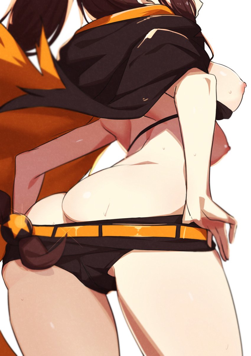 1girls 2021 areolae ass ass_cleavage breasts brown_hair butt_crack cape eyes_out_of_frame female large_breasts long_hair morisobo nipples ponytail re:zero_kara_hajimeru_isekai_seikatsu shaula_(re:zero) short_shorts shorts sideboob sidelocks single_braid solo sweat thick_thighs undressing white_fox_(studio)