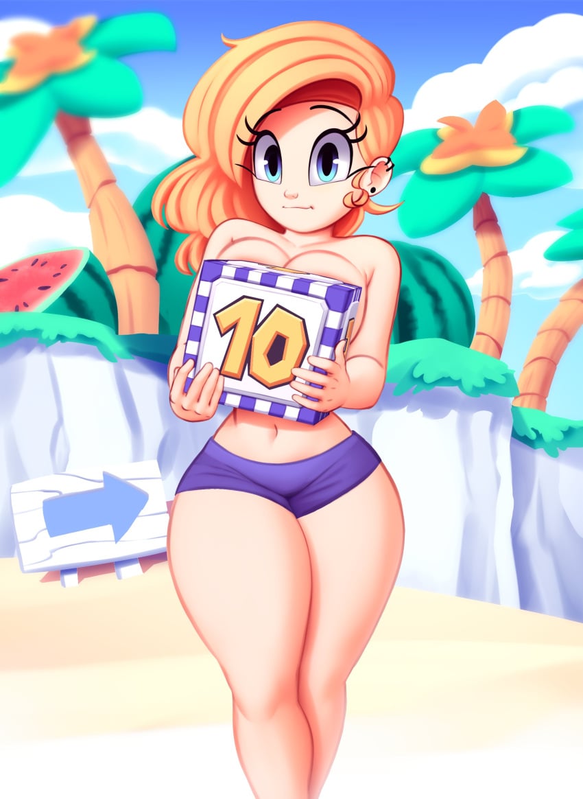 1girls beach big_breasts block blue_eyes blue_sky cassidy_(saymanart) cloud clouds covering_breasts cute dice fruit grass green_grass holding holding_object huge_breasts looking_at_viewer mario_(series) mario_party mario_party_superstars navel nintendo ocean original palm_tree public_topless questionable sand saymanart shorts sky smile three-quarter_portrait topless watermelon