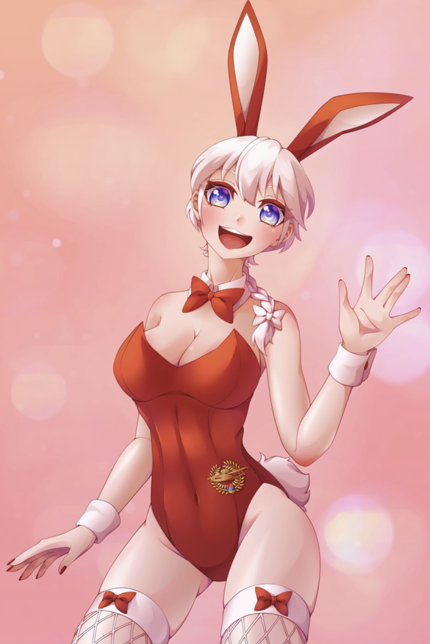 1girls artist_request blue_eyes braid breasts bunny_ears bunny_tail bunnysuit cleavage cuff_links female female_only fishnet_legwear fishnets iron_armenian lady_baron looking_at_viewer red_clothing red_nails solo thighs war_thunder white_hair