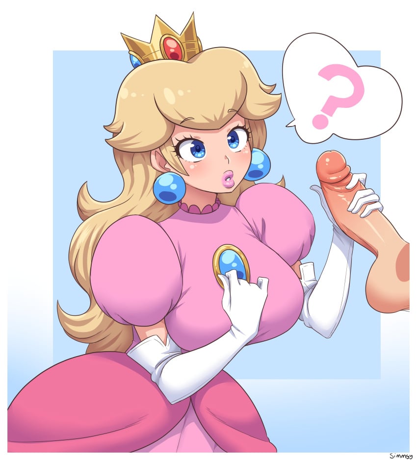 1girls 2d 2d_(artwork) :o ? artist_name big_breasts blonde_hair blue_background blue_eyes busty crown disembodied_penis dress elbow_gloves erection female female_focus fully_clothed gloves grabbing_penis handjob huge_breasts large_breasts long_hair looking_at_penis mario_(series) penis pink_dress pink_lips princess_peach royalty simmsy simple_background speech_bubble spoken_question_mark straight testicles tight_clothing unseen_male_face white_border