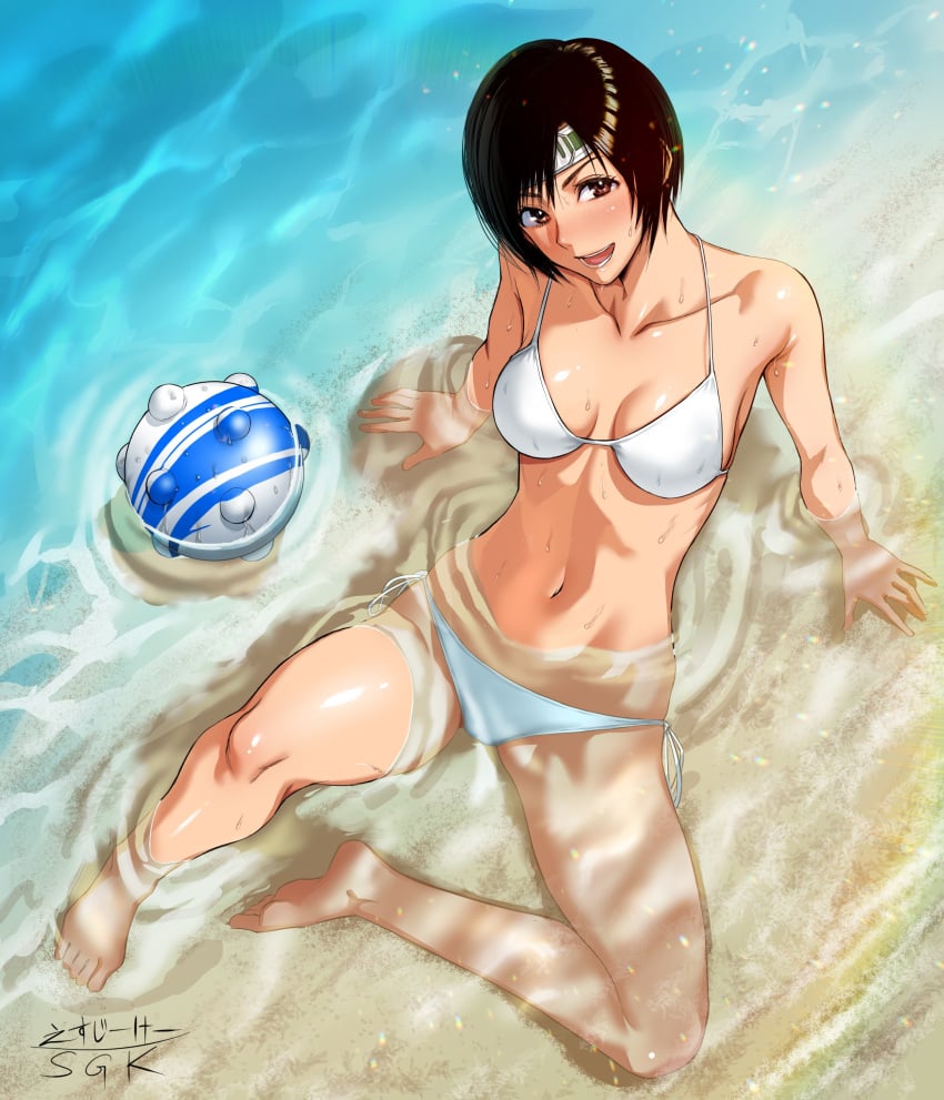 1girls arm_support artist_signature bare_arms bare_legs bare_midriff bare_shoulders bare_thighs barefoot beach bikini black_hair blitzball blush breasts brown_eyes collarbone female final_fantasy final_fantasy_vii forehead_protector headband highres legs looking_at_viewer lower_teeth medium_hair nipples open_mouth outdoors parted_lips partially_submerged sgk shiny_hair shiny_skin signature sitting smile solo sweat tagme upper_teeth water yuffie_kisaragi