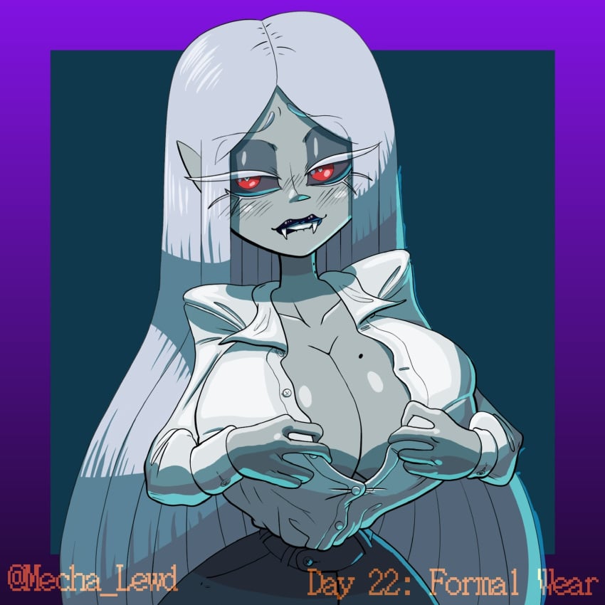 bite_mark biting_lip black_lipstick button_down_shirt dark_sclera dress_shirt eyeshadow fangs formal_wear heart-shaped_pupils long_hair looking_to_the_side mecha_lewd mole mole_on_breast pale_skin pointy_ears red_eyes skirt unbuttoned_shirt undressing vampire white_hair