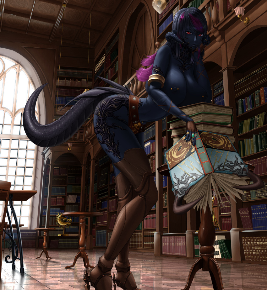 au_ra books dorian_oishiiyo final_fantasy final_fantasy_xiv heels highlights horns kokoghoa_borlaaq large_breasts library piercings scales tail xaela