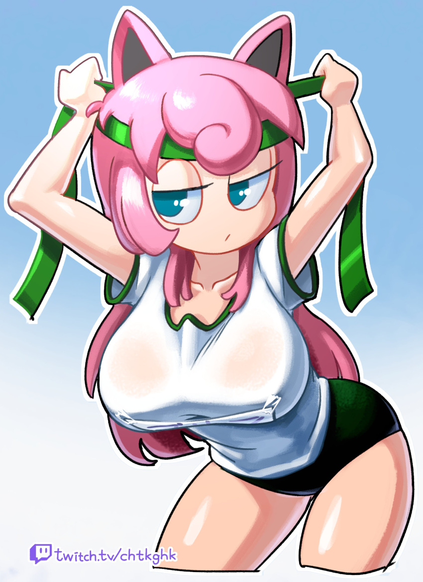 1girls 2021 absurd_res animal_ears arms_behind_head arms_up artist_name bare_arms blue_background blue_eyes breasts buruma character_name clothing female female_only gradient_background green_headband gym_uniform hair_between_eyes half-closed_eyes headband highres humanized jigglypuff jigglypuff_girl large_breasts long_hair looking_to_the_side minus8 nintendo pink_hair pokemon pokemon_(species) pokemon_rgby shirt simple_background solo standing super_smash_bros. text thighs tying url watermark