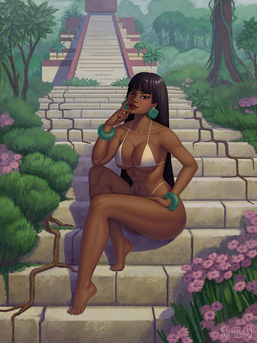 bikini black_hair brown_eyes chel cleavage dark-skinned_female kanzass large_breasts long_hair looking_at_viewer outside the_road_to_el_dorado thong voluptuous