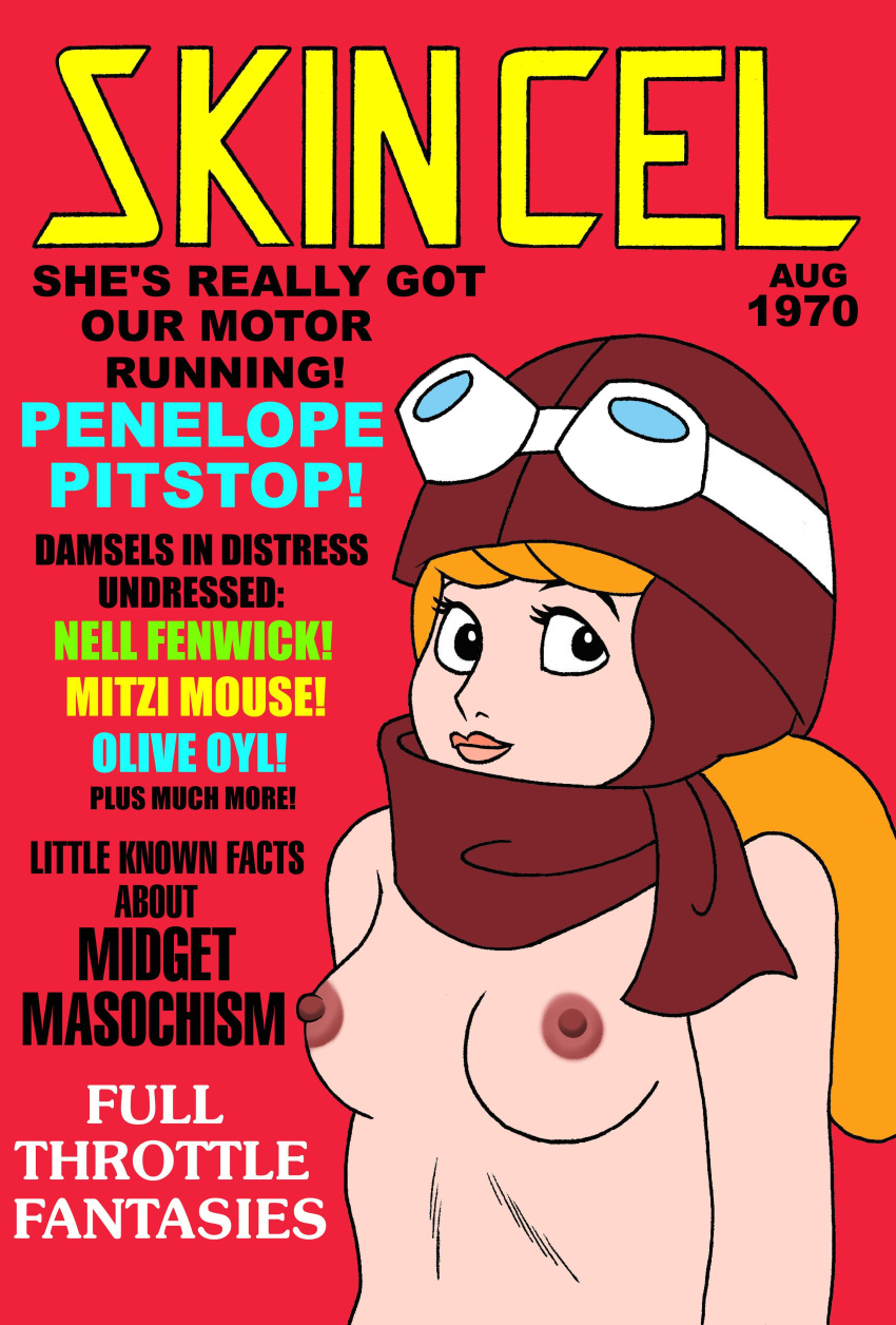 1girls blonde_hair breasts english_text female female_only hanna-barbera helmet large_breasts magazine magazine_cover nipples nude penelope_pitstop pinup scarf solo toonytease wacky_races