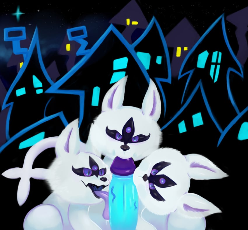 2021 absurd_res ambiguous_focus ambiguous_gender blue_penis canid canine canis clover_(deltarune) deltarune disembodied_penis european_mythology faceless_male feral fur genitals greek_mythology hi_res houses licking looking_at_viewer mammal multi_head mythology nebssik nibbling night oral penis penis_lick purple_eyes purple_tongue sex solo tongue tongue_out video_games white_body white_fur