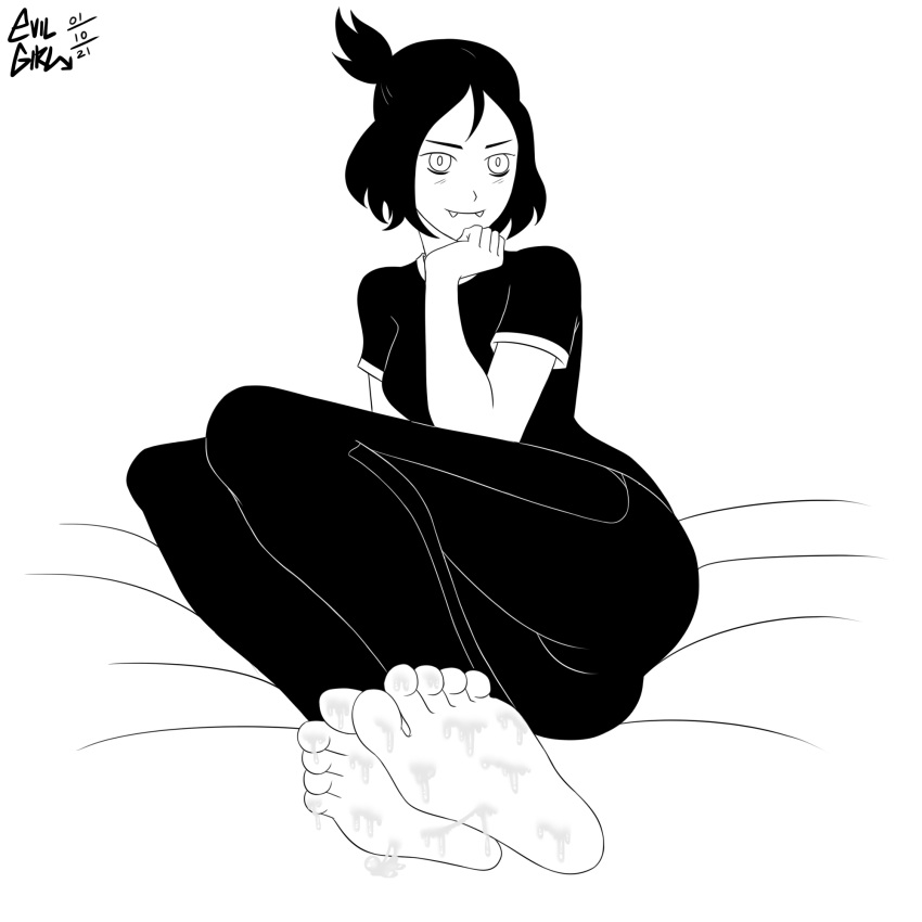 1girls 2021 ass barefoot bed black_and_white black_hair blush butt_focus cum cum_between_toes elsie evilgirl fangs feet feet_up female female_focus female_only foot_fetish foot_focus goth goth_girl gothic looking_at_viewer lying_on_bed monochrome short_hair simple_background smile socks_removed soles toes vampire white_background