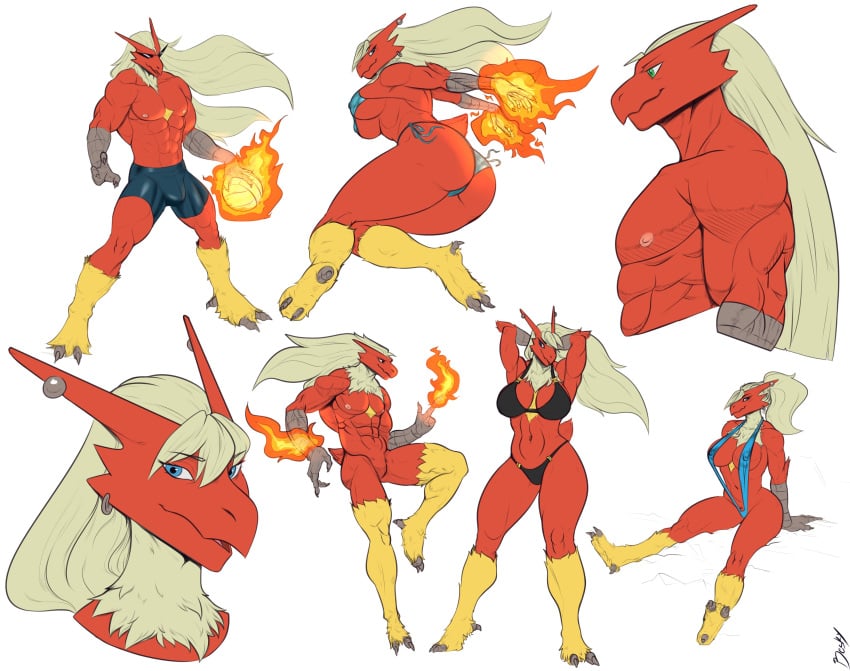 1boy 1girls 2021 absurd_res anthro besky_(artist) bikini blaziken breasts cleavage female fire full_body hair male nipples nude pokemon pokemon_(species) pokemon_rse red_fur simple_background sling_bikini sunglasses tail white_hair wide_hips