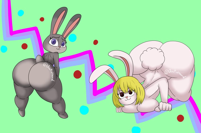 2girls ass bent_over big_ass big_butt bootiehound breasts bunny_girl bunny_tail bunnygirl carrot_(one_piece) female female_only furry judy_hopps large_ass large_breasts looking_at_viewer looking_back nude one_piece presenting_hindquarters rear_view thick_thighs wet zootopia