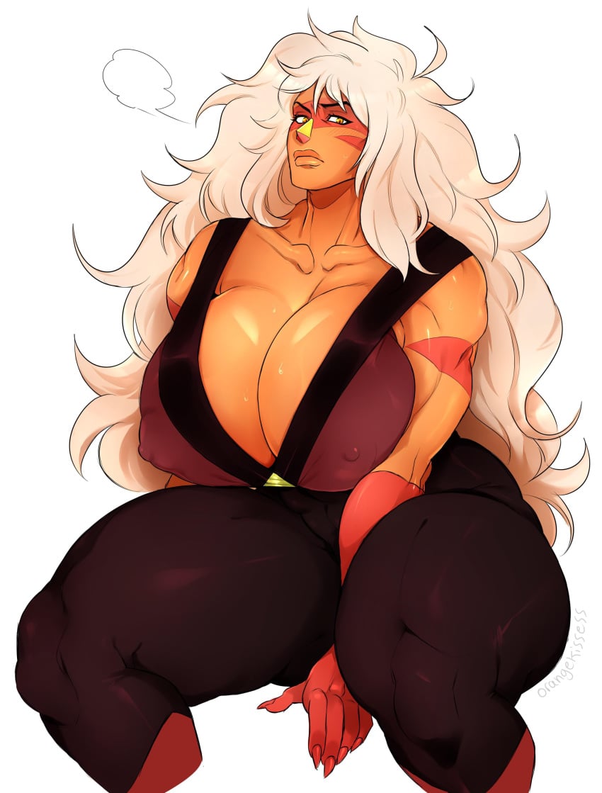 big_breasts black_pants brown_shirt busty cleavage clothed erect_nipples female jasper_(steven_universe) long_hair looking_at_viewer muscular_arms muscular_female orange_skin orangekissess steven_universe thick_lips thigh_clothes white_hair yellow_eyes