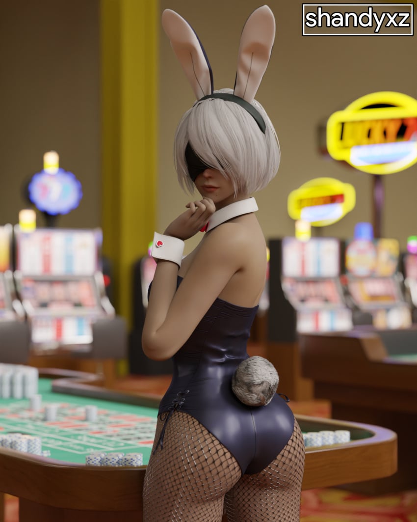 3d ass blender blindfold bunny_ears bunny_tail bunnysuit fishnet_stockings from_behind nier:_automata shandyxz short_hair white_hair yorha_2b