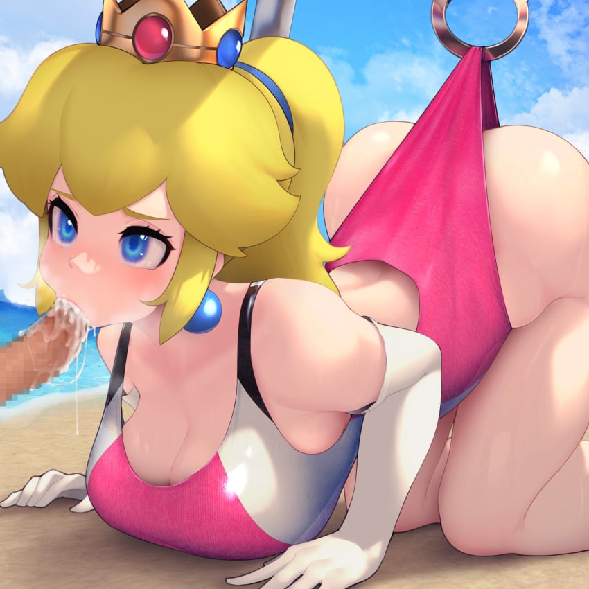 1boy 1boy1girl 1girls 2020 all_fours arched_back arm_support ass ass_up bangs bare_back bare_legs bare_shoulders beach big_ass big_breasts big_butt big_eyes blonde_hair blowjob blue_eyes blue_sky blunt_bangs blush bondage breasts censored censored_penis cleavage cloud competition_swimsuit crown cuffs cum cum_drip cum_in_mouth cum_inside cum_string cum_trail cumdrip cumshot cute dat_ass day earrings elbow_gloves eyelashes fellatio fellatio_kneeling_all_four female female_focus gloves hair_ornament handcuffs hi_res high_resolution highleg highleg_swimsuit highres hizake huge_breasts jewelry kashu_(hizake) large_ass large_breasts long_hair looking_at_partner male mario_(series) mosaic_censoring nintendo ocean off_shoulder one-piece_swimsuit one_piece_swimsuit oral oral_sex outdoors partial_male penis pink_swimsuit ponytail princess_peach restrained shiny_clothes shiny_skin sideboob sidelocks sky strap_gap sucking swallowing swimsuit swimsuit_pull thighs tied_hair white_gloves wide-eyed wide_hips