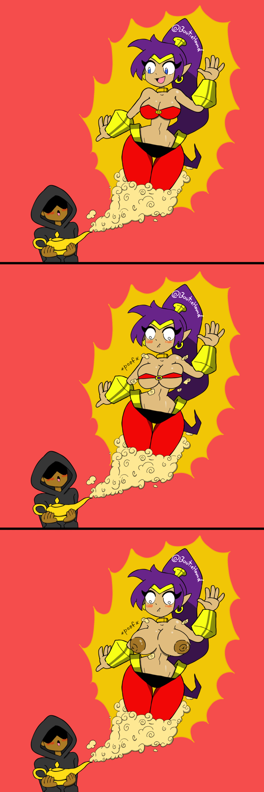 big_breasts blush bootiehound breast_expansion comic comic_strip genie shantae shantae_(character) smooth_skin surprised surprised_expression wardrobe_malfunction