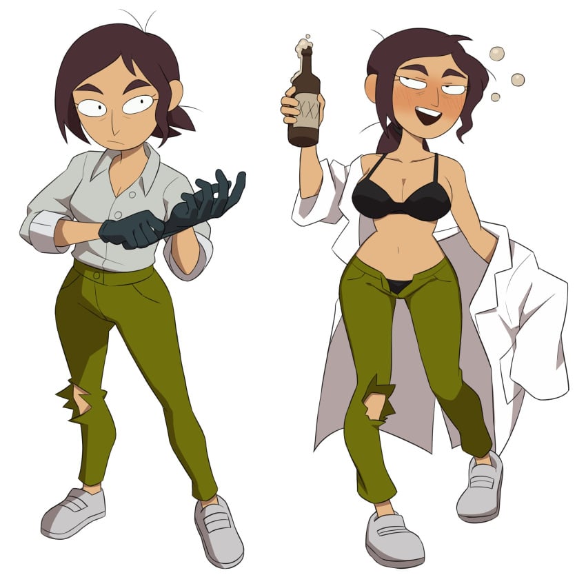 2021 black_bra blush bra breasts brown_hair cleavage drunk eye_bags female female_focus female_only flowerpigeon73 footwear handwear holding_bottle inside_job labcoat messy_hair midriff navel open_trousers outerwear ponytail reagan_ridley underwear undressing