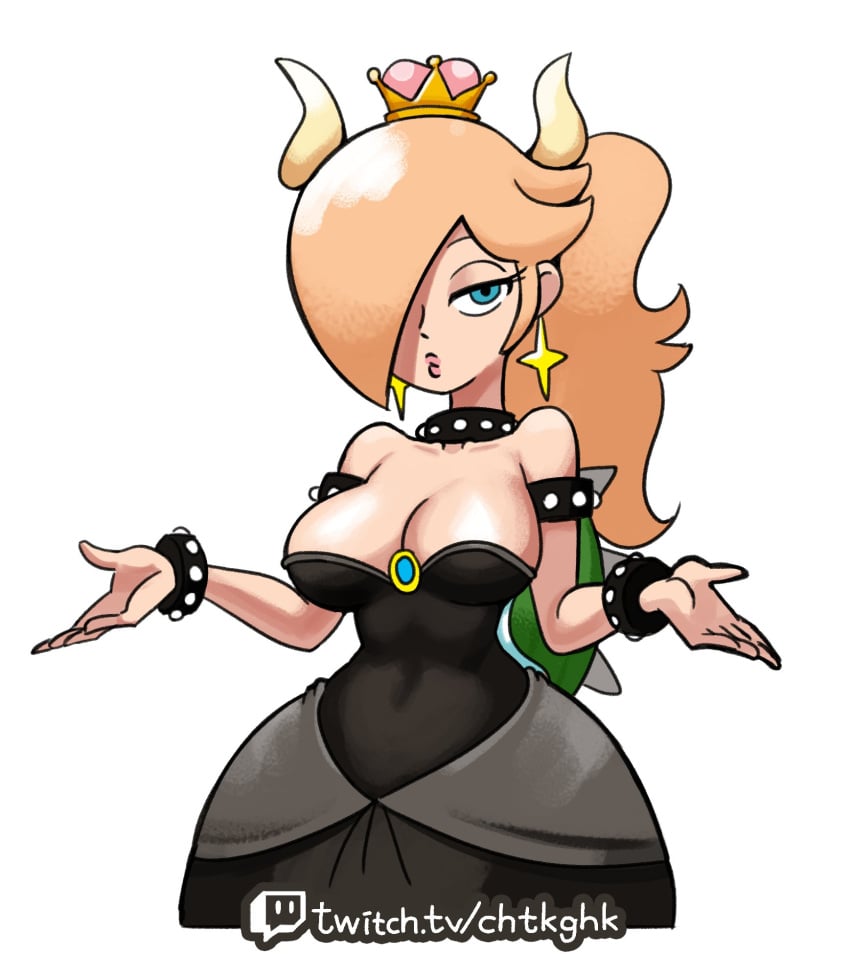 1girls alternate_breast_size alternate_costume alternate_hairstyle alternate_outfit aqua_eyes armlet armlets armwear asymmetrical_hair big_breasts big_hips blonde blonde_hair blue_eyes bowsette_(cosplay) bracelet bracelets breasts cleavage clothed clothed_female clothes clothing collar color colored cosplay costume crown curvy curvy_body curvy_female curvy_figure curvy_hips dark_blonde dark_blonde_hair dirty_blonde dirty_blonde_hair earrings eyelashes eyes_half_open fair_skin female female_only genderbent hair_covering_eye hair_covering_one_eye hair_over_one_eye half-closed_eyes hips horns hourglass_figure image jewelry large_breasts large_hips light-skinned_female light_skin long_hair mario_(series) minus8 neckwear new_super_mario_bros._u_deluxe nintendo one_eye_covered only_female ponytail princess_rosalina sandy_blonde sandy_blonde_hair shell shrug shrugging simple_background small_waist solid_color_background solo spiked_armlet spiked_armlets spiked_bracelet spiked_bracelets spiked_collar spiked_shell super_mario_galaxy thin_female thin_waist tied_hair white_background wide_hips