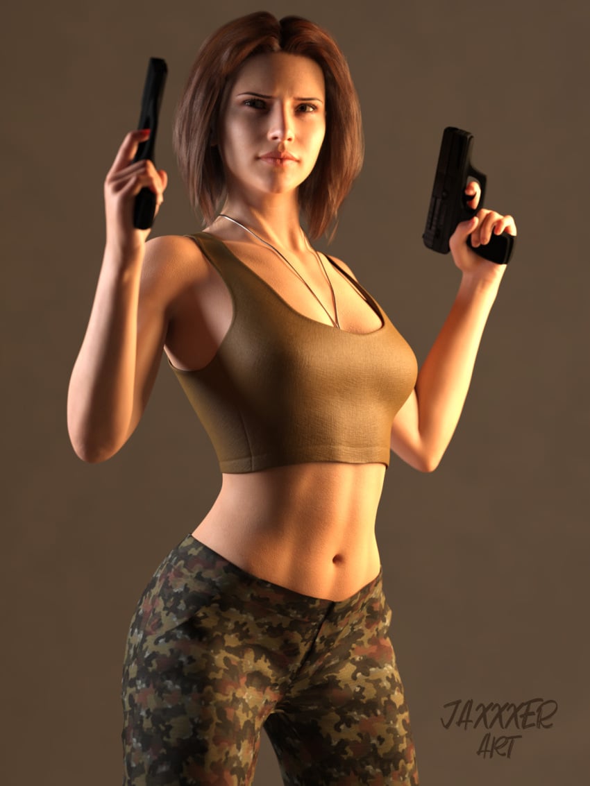 3d abs army brown_eyes brown_hair camo clothing command_and_conquer dog_tags dual_wielding guns jaxxxer medium_breasts medium_hair pinup red_alert_2 short_hair tank_top tanya_(red_alert) tanya_adams