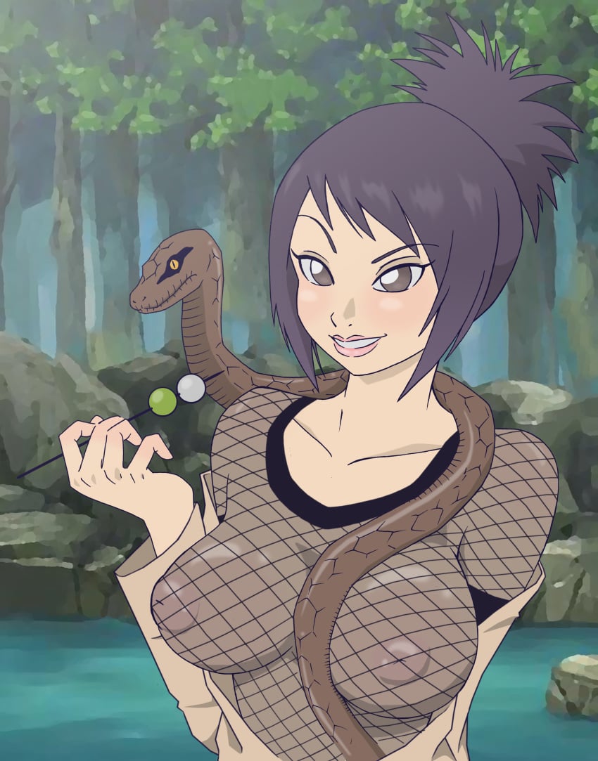 1animal 1girls areolae big_breasts breasts cloak clothed_female dango female fishnets food forest holding_food inverted_nipples lake lipstick makeup mitarashi_anko naruto naruto_(series) naruto_shippuden nipples outdoors pink_lips purple_hair see-through see-through_clothing shirt smile snake tied_hair tonxubramando upper_body visible_nipples water