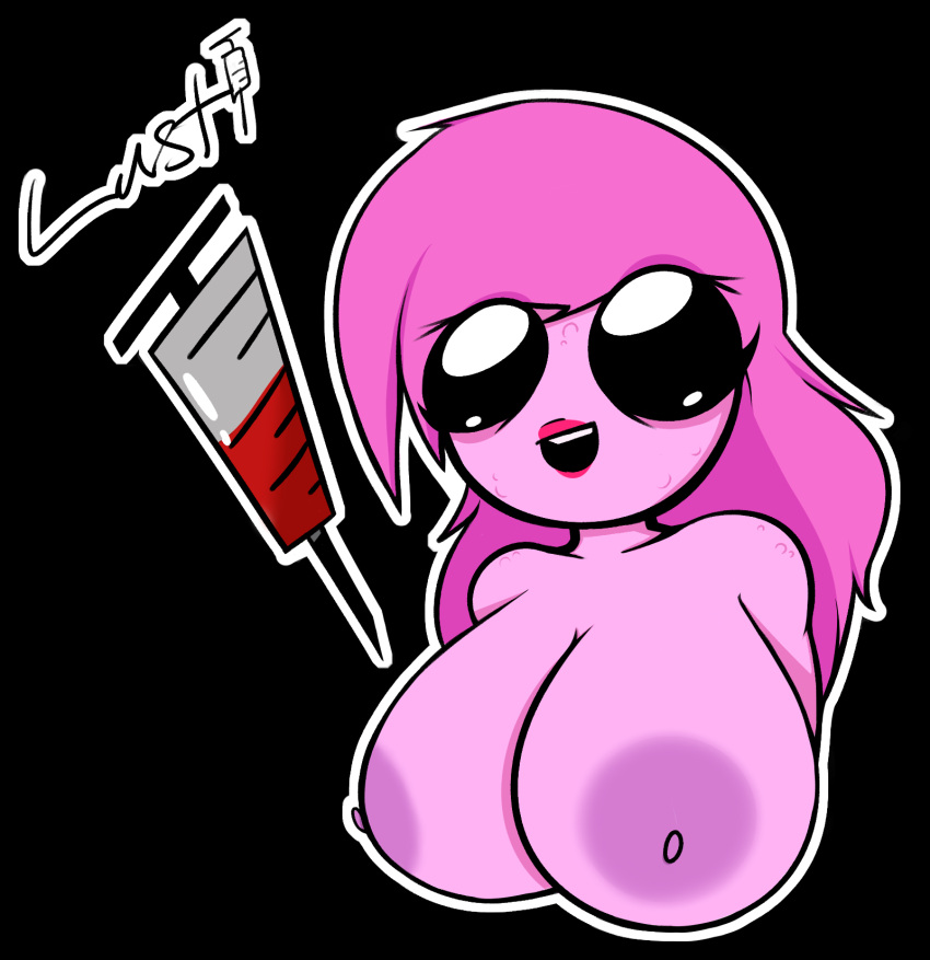 1girls areola breasts bumps bust disease female female_only ketadune lipstick lust_(ketadune) lust_(the_binding_of_isaac) nipples open_mouth pink_body pink_hair syringe text the_binding_of_isaac white_outline