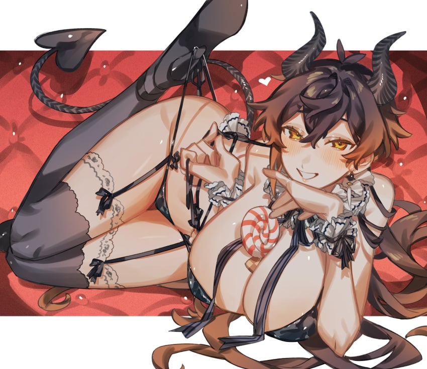 1girls big_breasts blush bra breasts brown_hair crow_3434 demon demon_girl demon_horns demon_tail genderswap_(mtf) genshin_impact horns panties rule_63 succubus tail thick_thighs thighhighs thighs yellow_eyes zhongli_(genshin_impact) zhongli_jiejie