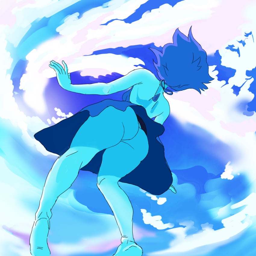 1girls ass bare_shoulders big-fig blue_hair blue_skin blue_skirt blue_topwear cloud clouds complex_background female female_only floating from_below full_body gem gem_(species) lapis_lazuli_(steven_universe) legs oblivious skirt skirt_lift sky solo solo_female steven_universe thighs upskirt