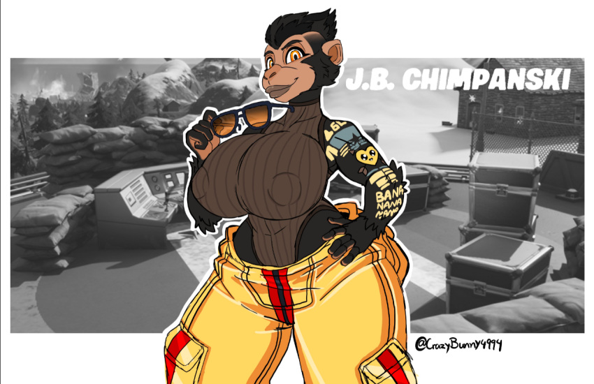 big_ass big_breasts big_butt big_lips big_thighs chimpanzee christomwow covered_in_fur fortnite fortnite:_battle_royale gender_transformation genderswap_(mtf) j.b._chimpanski_(fortnite) monkey monkey_girl muscles nipple_bulge nipples_visible_through_clothing rule_63 sunglasses tattooed_arm tattoos