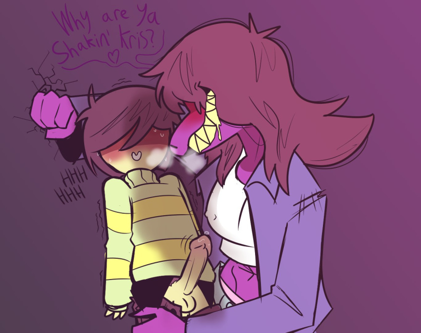 2020 against_surface against_wall anthro balls blush bodily_fluids breath brown_hair clothed clothing cracked_wall deltarune dialogue digital_media_(artwork) drooling duo english_text erection female genital_fluids genitals hair hair_over_eyes hattsworth heart human imminent_sex jacket kris_(deltarune) larger_female lizard long_hair male male/female mammal midriff navel nipple_outline nipple_piercing nipples open_mouth open_smile pants_down partially_clothed pattern_clothing pattern_swimwear penis piercing precum purple_body purple_scales reptile romantic romantic_couple saliva scales scalie shaking sharp_teeth size_difference smile striped_clothing striped_swimwear stripes susie_(deltarune) sweat sweater swimwear teeth text topwear turtleneck turtleneck_sweater video_games