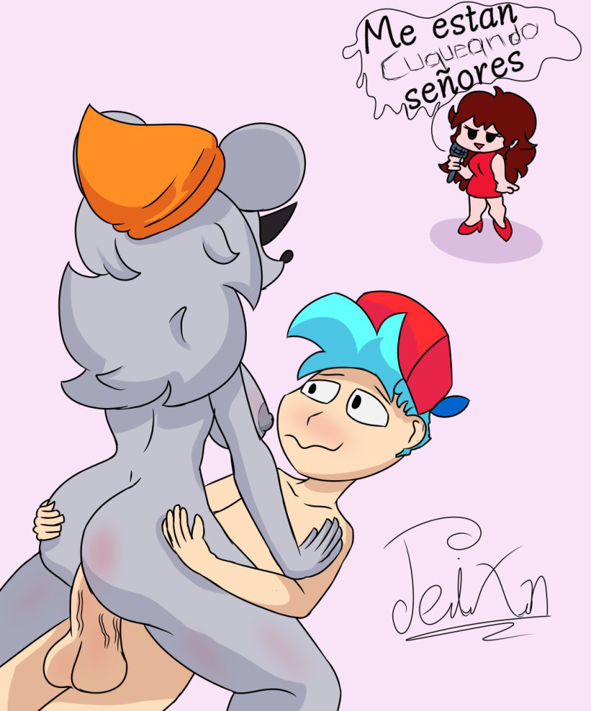 1boy 2girls boyfriend_(friday_night_funkin) cowgirl_position cuckquean digital_drawing_(artwork) digital_media_(artwork) female friday_night_funkin furroanexo girlfriend_(friday_night_funkin) gray_fur gray_hair hand_on_ass hand_on_butt hat human_on_anthro human_penetrating_anthro mammal microphone motoanexo murid newgrounds orange_hat redhead ritz_(game) ritz_(ninjamuffin99) ritz_the_rat rodent spanish_text twitter_username