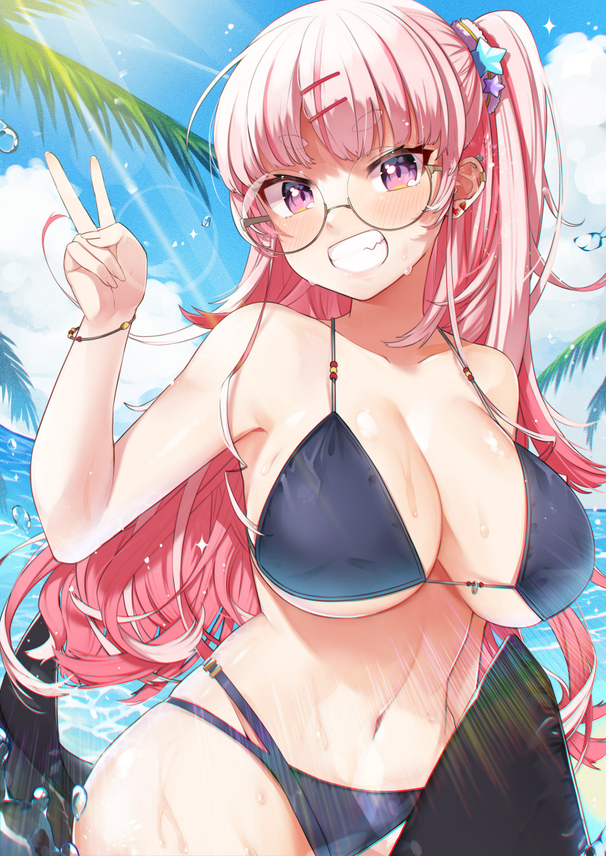 absurdres bikini black_bikini breasts clenched_teeth day female female glasses highres large_breasts light_rays long_hair negi-mamire ocean original pink_hair purple_eyes smile solo sunbeam sunlight swimsuit teeth v very_long_hair