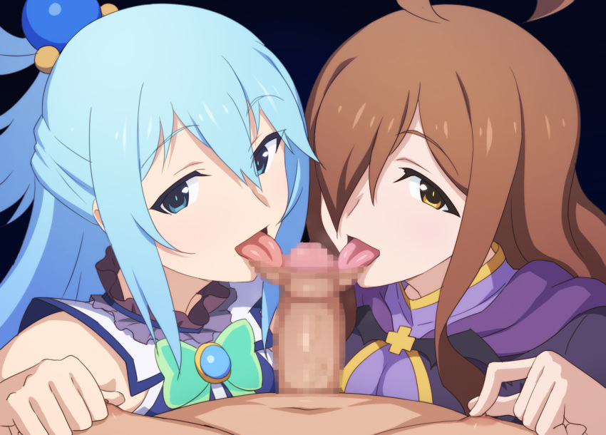 1boy 2girls aqua_(konosuba) big_breasts blue_eyes blue_hair breasts brown_eyes brown_hair censored censored_penis clothed_female_nude_male collaborative_fellatio eye_contact fellatio female hair_over_one_eye kono_subarashii_sekai_ni_shukufuku_wo! licking licking_penis long_hair looking_at_viewer male mosaic_censoring oral penis pov tedain tongue_out wiz_(konosuba)