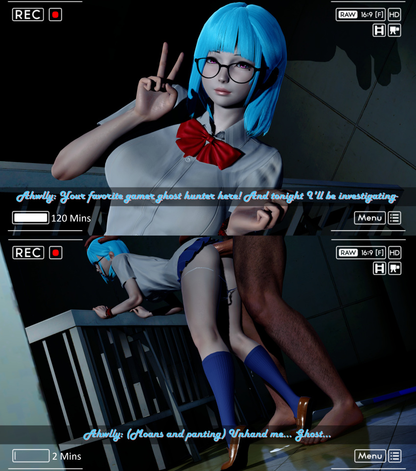 1boy 1girls 3d ahwlly ahwlly_(artist) anal anal_rape anal_sex ass big_ass big_butt blue_hair bob_cut bow camera_view clothed_female_nude_male dark-skinned_male defeated erection fat_ass female glasses hairy_legs hand_on_head instant_loss_2koma interracial large_ass large_breasts large_penis loafers male male_penetrating_female male_pubic_hair muscular muscular_male pale-skinned_female pants_down partial_male peace_sign penis pink_eyes rape self_insert shirt short_hair skirt skirt_lift straight striped_panties taken_from_behind text thick_thighs veiny_penis