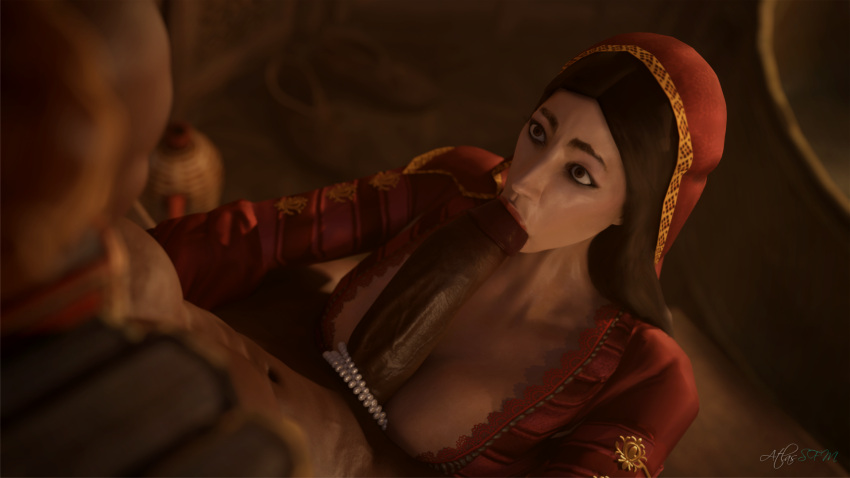 3d abs assassin's_creed_(series) assassin's_creed_ii atlassfm big_breasts big_penis breasts brown_eyes brown_hair cleavage cleavage_cutout clothed_female_nude_male dark-skinned_male dark_skin dress eyeliner faceless_male fellatio female female_focus glans interracial jewelry just_the_tip kneeling kneeling_oral_position large_penis light-skinned_female light_skin looking_at_partner looking_up male/female milf navel necklace_on_penis nude nude_male_clothed_female oral paola_(assassins_creed) pearl_necklace pearls penis prostitute red_dress straight ubisoft veiny_penis wide_eyed