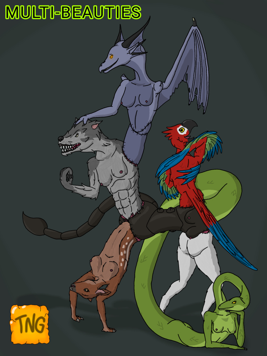 anthro arachnid avian bird covering_breasts deer dragon exoskeleton feathered_wings feathers female female_only fur goat lower_body macaw mammal multi-beauties multi_torso mythology parrot petting posing red_macaw reptile scales scorpion snake the_nameless_guy torso upper_body werewolf wolf