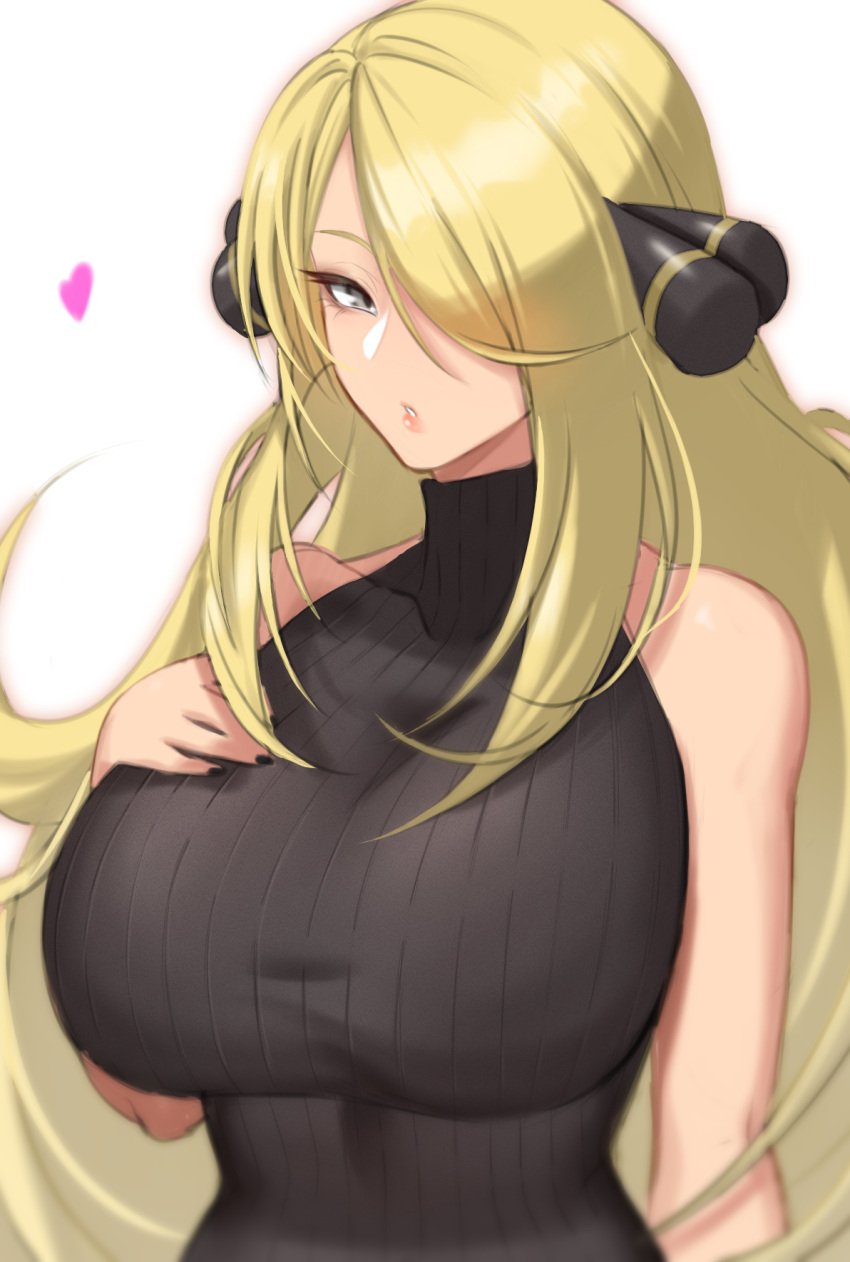 1girls 2021 alternate_breast_size anima_(togashi) bare_arms bare_shoulders black_nails blonde_hair breast_suppress breasts clothing cynthia_(pokemon) female female_only grey_eyes hair_ornament hair_over_one_eye hand_on_chest heart highres huge_breasts lips long_hair nail_polish nintendo pokemon pokemon_dppt simple_background sleeveless sleeveless_sweater sleeveless_turtleneck solo sweater teeth tight_clothing turtleneck turtleneck_sweater very_long_hair white_background