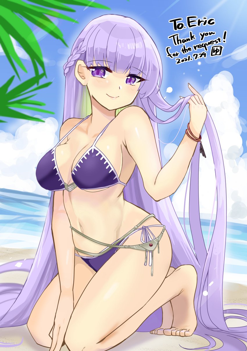 1girls absurdly_long_hair absurdres alternate_costume beach bikini blue_sky blush breasts cleavage cloud cloudy_sky collarbone commission day female fire_emblem fire_emblem:_the_binding_blade highleg highres large_breasts long_hair midriff navel nintendo outdoors purple_bikini purple_eyes purple_hair purple_swimsuit signature skeb_commission sky smile solo sophia_(fire_emblem) sunlight swimsuit very_long_hair white_swimsuit yukia_(firstaid0)